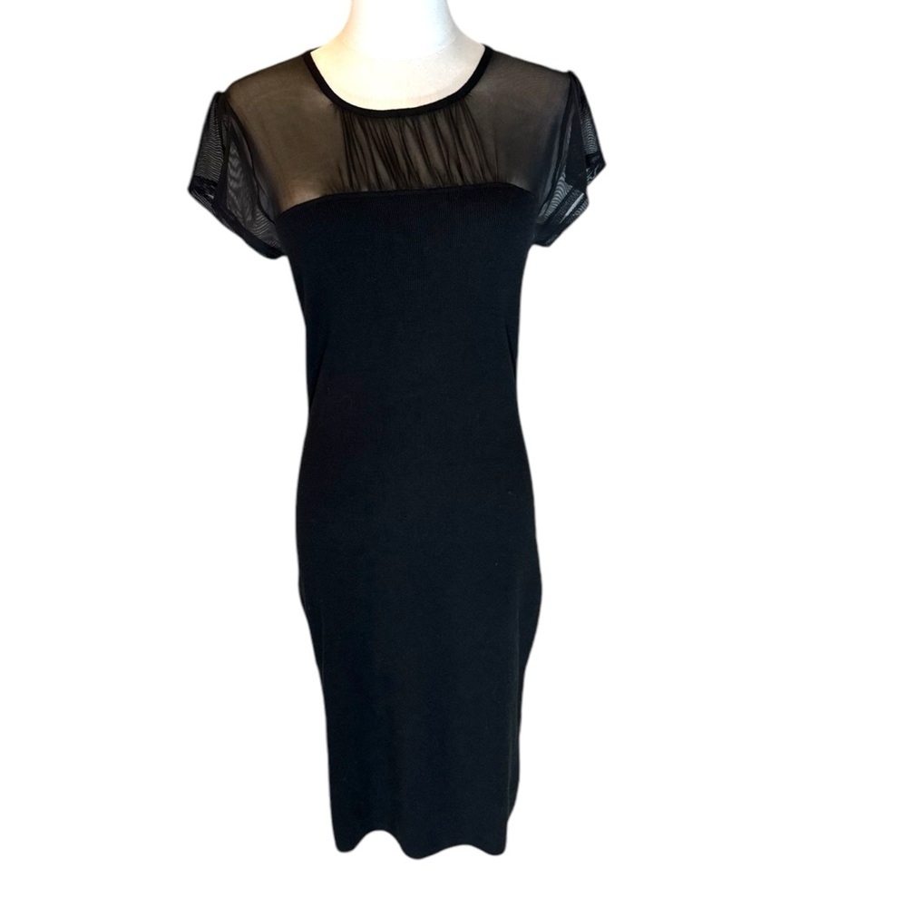 Boston Proper NWT size Sm black knitted mesh sheer front short sleeve midi dress